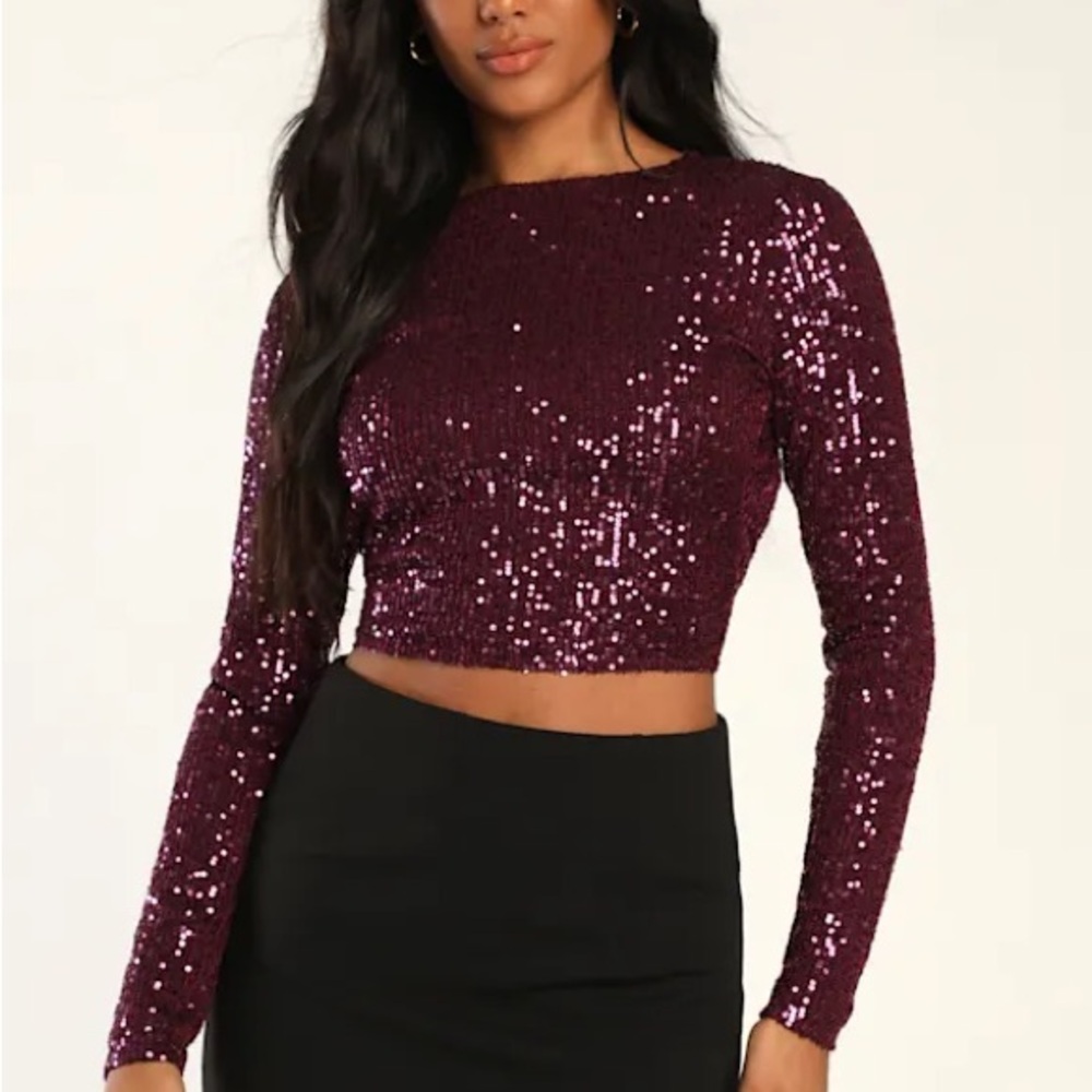 Lulu's Sparkling Sequin Crop Top - Burgundy